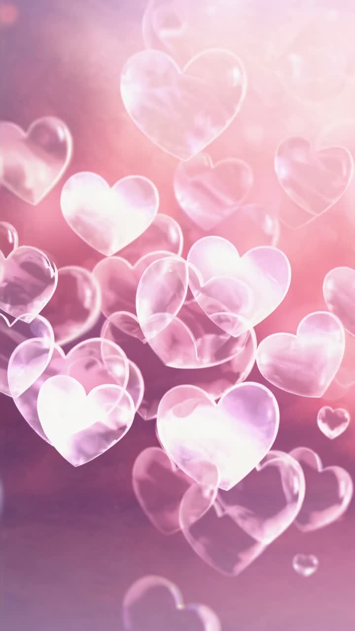 A dreamy, soft-focus video still of translucent pink hearts floating upwards