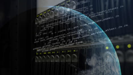 Animation-of-globe-and-data-processing-against-close-up-view-of-computer-server