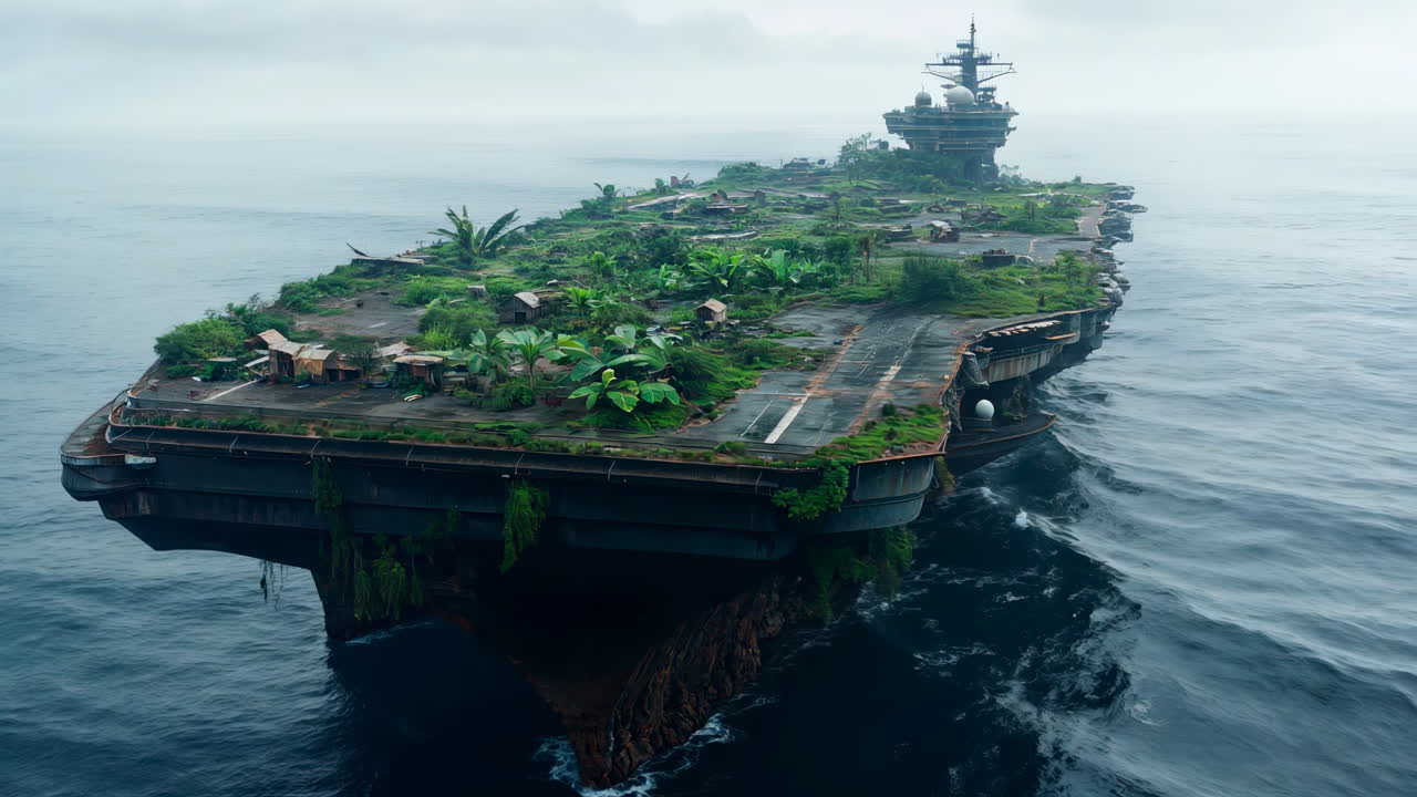 Abandoned aircraft carrier transformed into floating jungle village