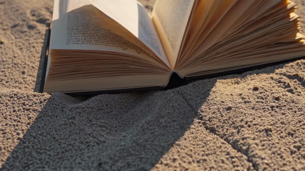 Un video in primo piano di un libro aperto su una spiaggia sabbiosa, che cattura la luce del sole sulle pagine.