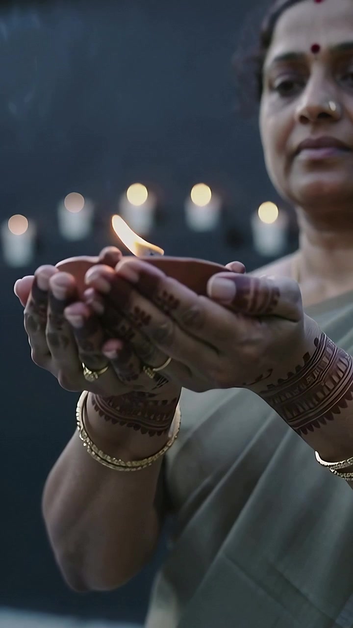 Vertical video: Holding sari-clad woman steadying clay diya at home for prayer breeze tilting flame