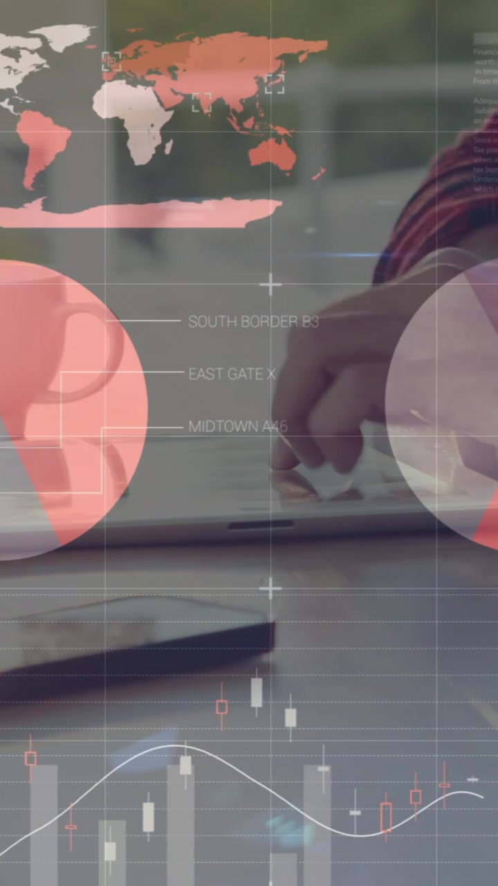 Animation of financial data and graphs over hands of caucasian man using laptop