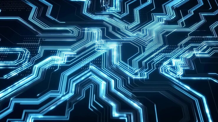 Linee di circuito ciano brillante si estendono su una superficie scura e profonda, creando percorsi angolari complessi, una convergenza centrale e una texture digitale ad alto contrasto con energia industriale moderna e un aspetto elegante