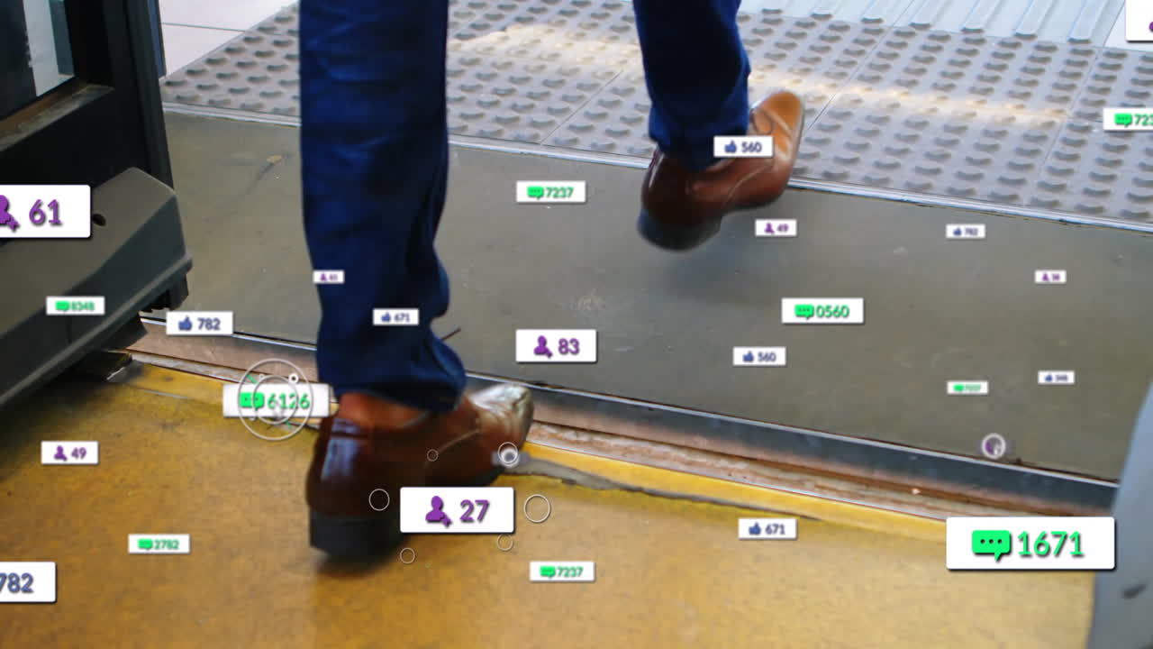 Walking on street, person with animation of social media interaction icons