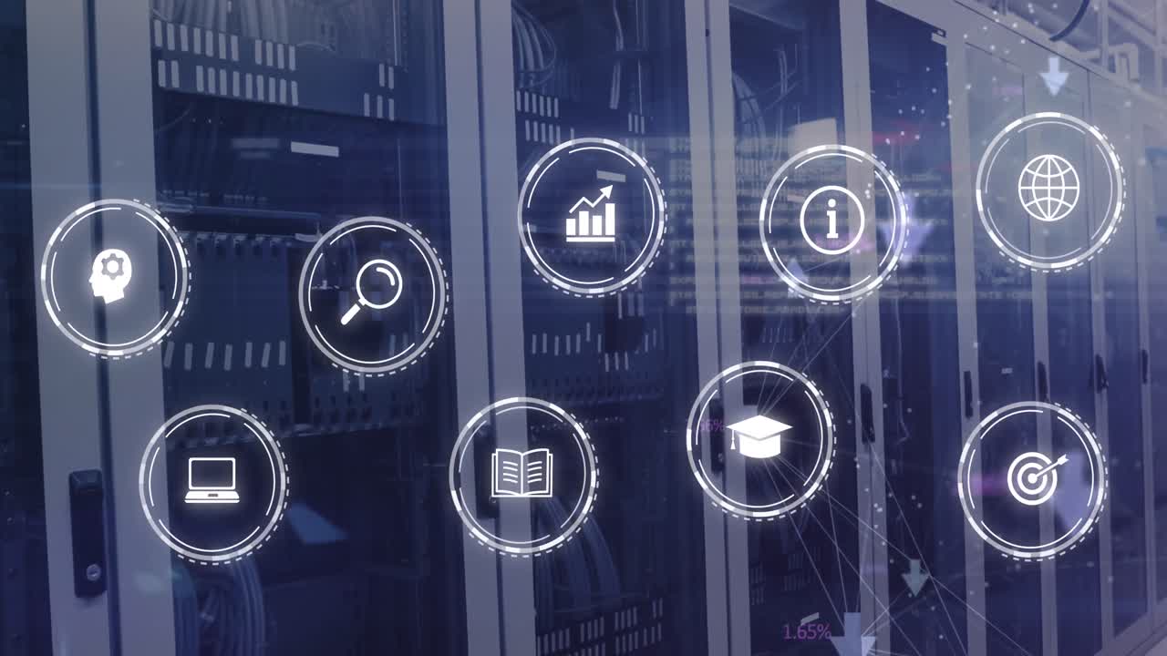 Icone di business, media ed educazione ed elaborazione dati su server