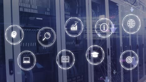 iconos de negocios, medios de comunicación y educación y procesamiento de datos a través de servidores informáticos