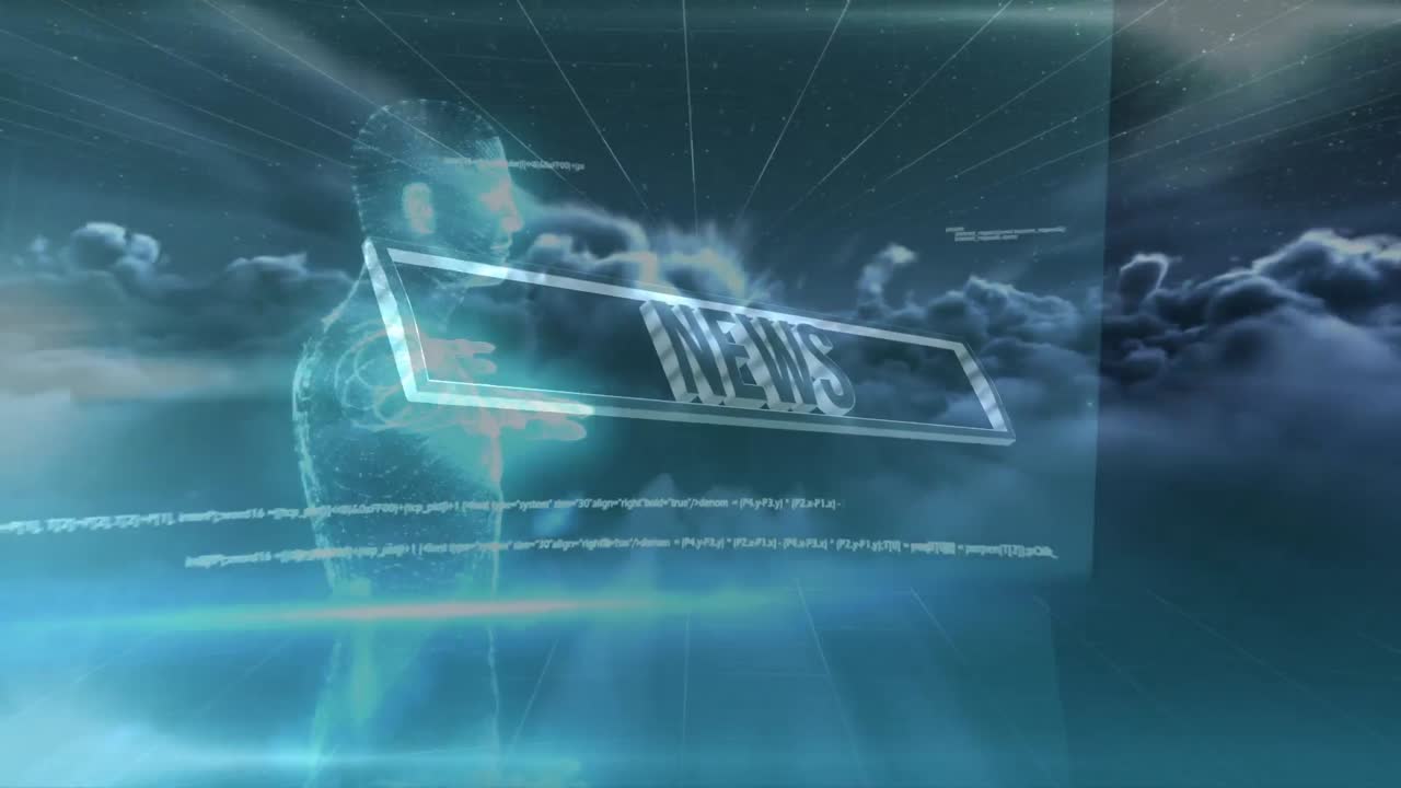 뉴스, 인간 모델 및 데이터의 애니메이션이 구름과 함께 하늘을 이동합니다.