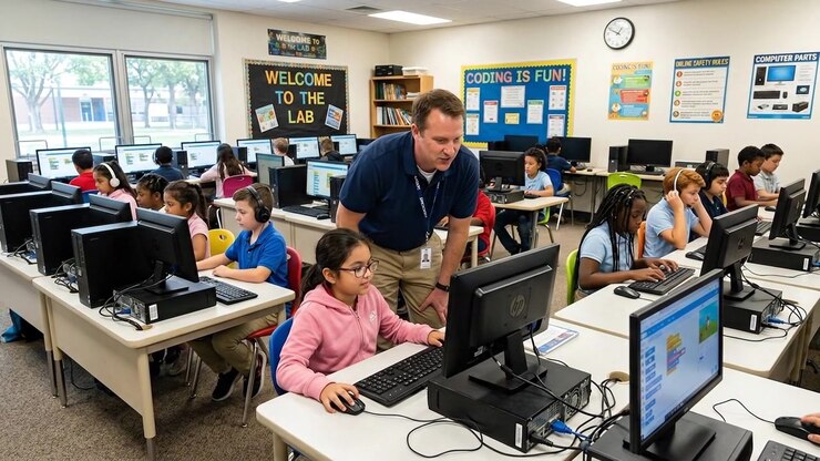 Teacher Assisting Student in Elementary School Computer Lab