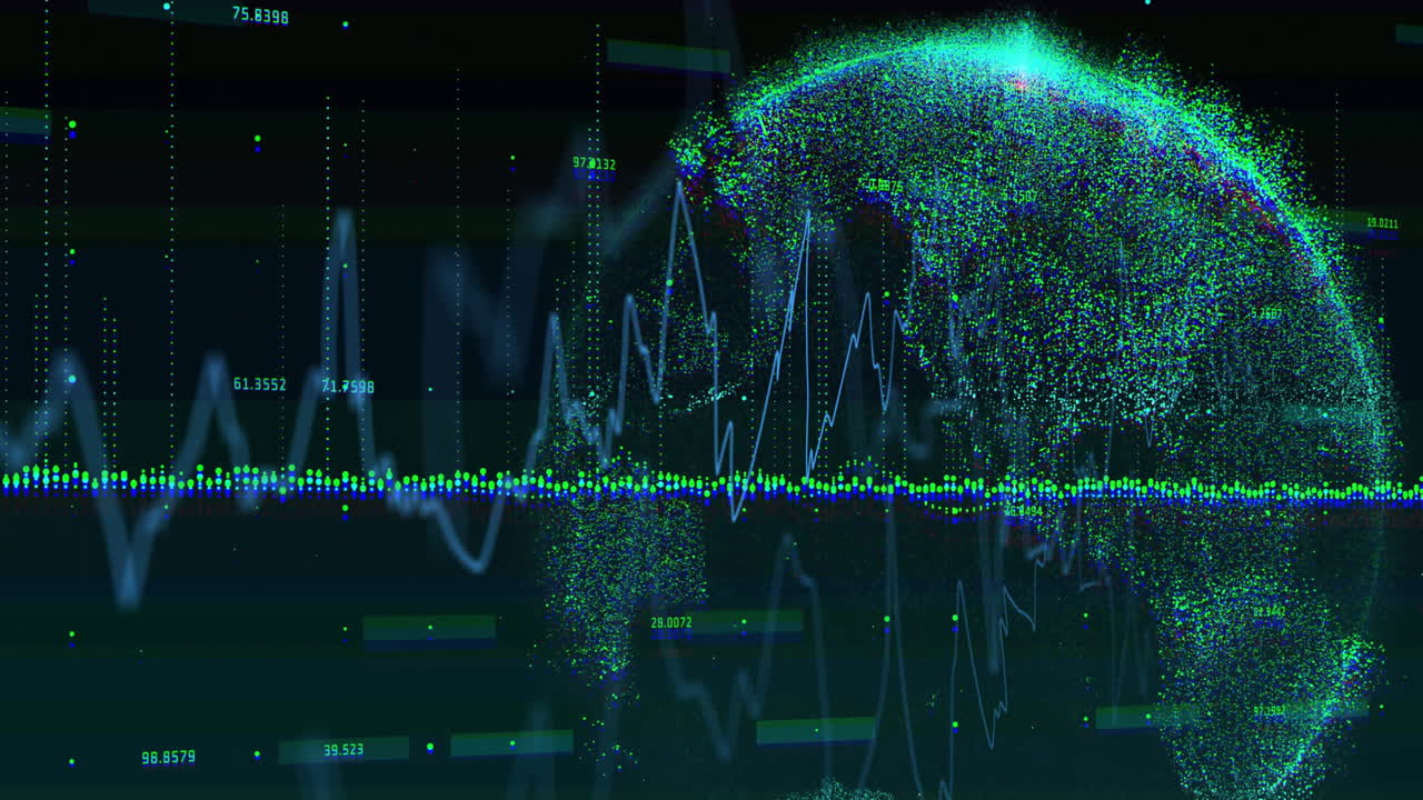 Animation of digital globe with fluctuating graphs for global data analysis