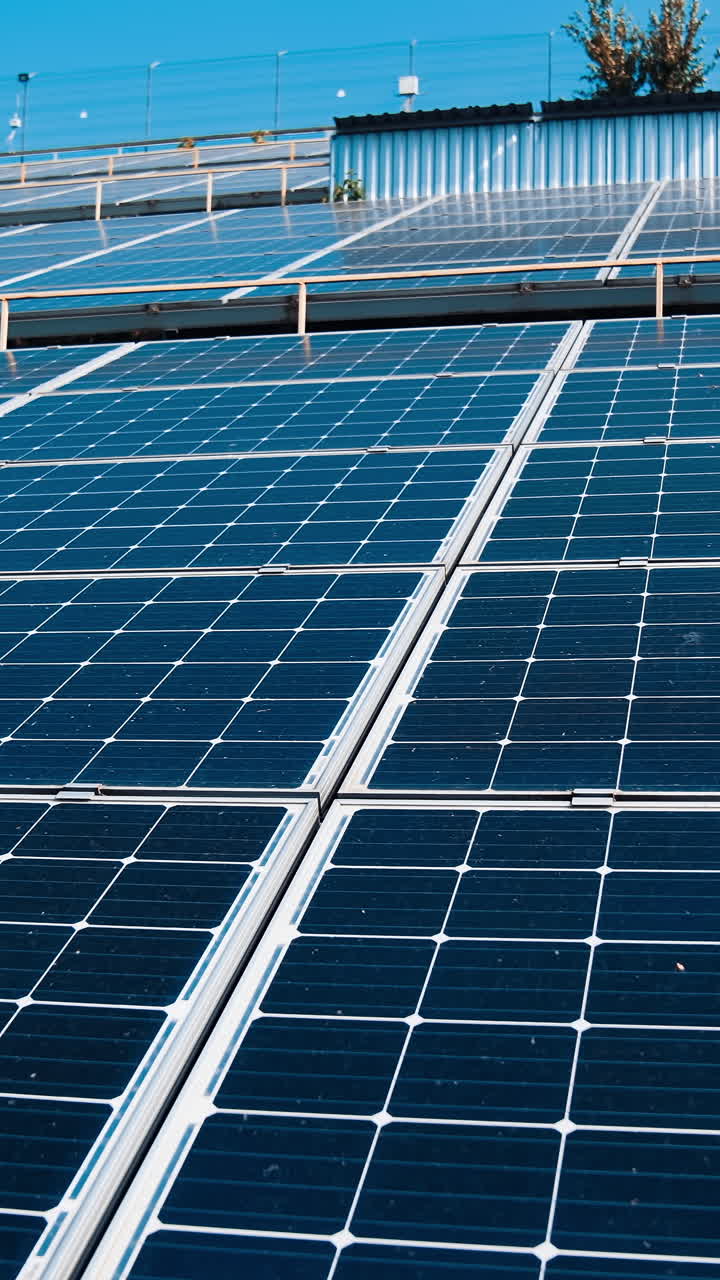 Green ecology sunlight electricity station. Fields of energy landscape electrical power innovation. Vertical video