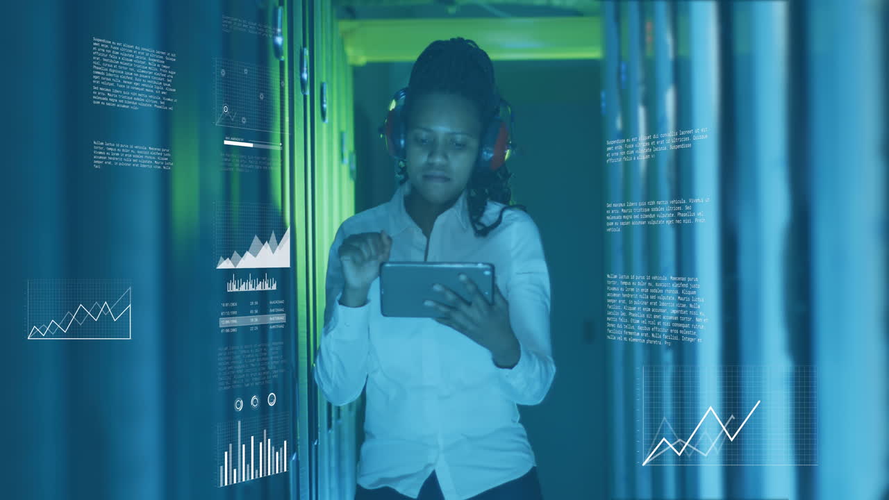 Animation of graphs, data, map, african american female engineer checking data server in server room