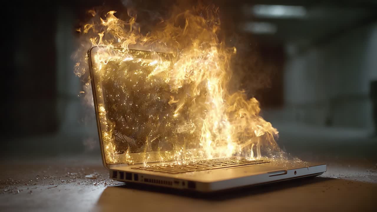 A Stunning Visual of a Laptop Engulfed in Flames, Capturing the Chaos and Energy of Technology in Uncontrolled Environments