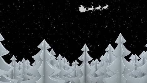 Snow-falling-over-trees-and-santa-claus-in-sleigh-being-pulled-by-reindeers-against-black-background