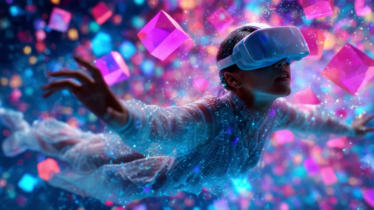 A Young Explorer Immersed in a Virtual Reality Journey, Surrounded by Floating Colorful Cubes, Capturing the Essence of Digital Adventure and Imagination as She Engages with the Futuristic World of VR Technology