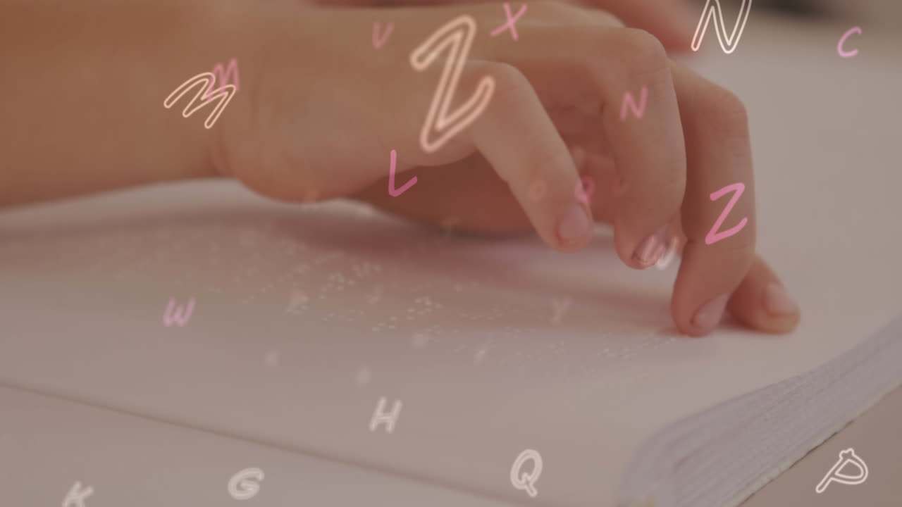 Animation of letters and numbers over caucasian schoolchild reading braille