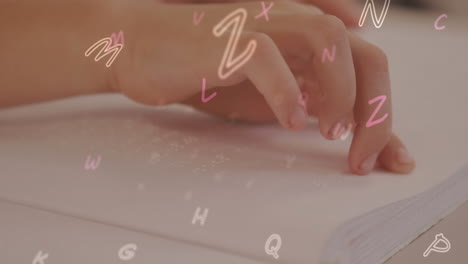 animación de letras y números sobre un escolar caucásico leyendo braille
