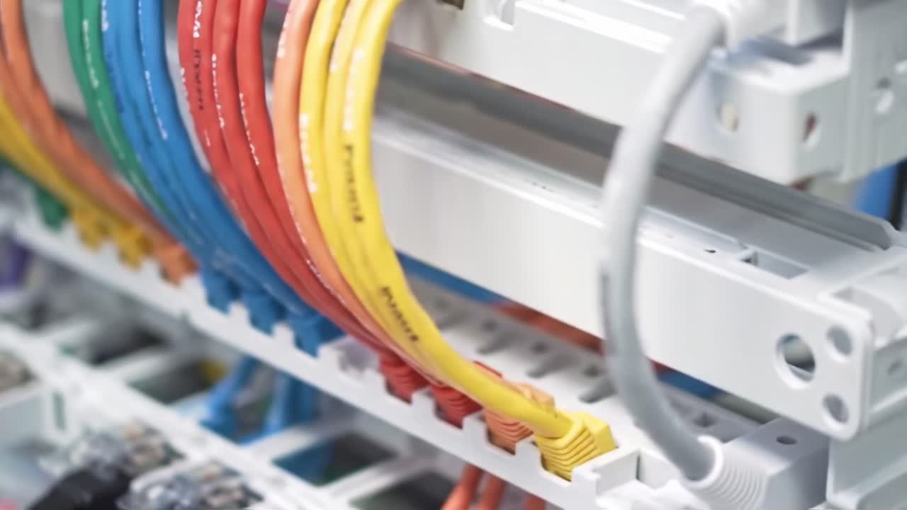 Intricate Network Connections: A Close-Up of Color-Coded Cables in a Data Center, Showcasing their Arrangement and Structure for Optimal Performance and Management