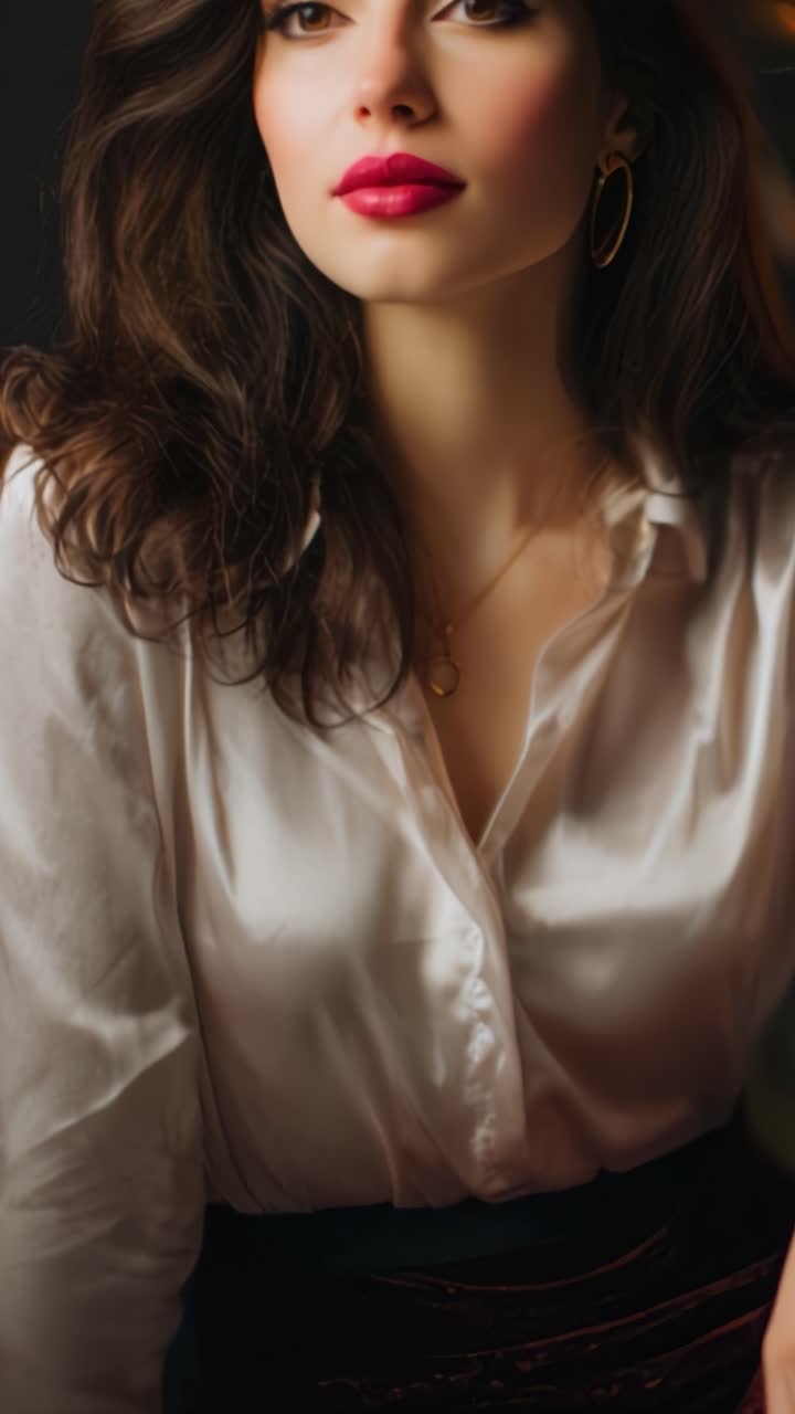 Um Retrato Cativante de Elegância: Uma Mulher em Blusa de Seda com Lábios Volumosos e Estilo Glamoroso Capturada em Dois Quadros Impactantes de Beleza e Confiança.