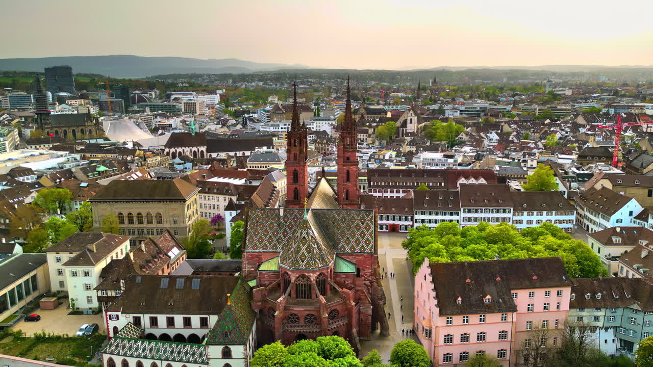 Aerial, drone view of the Basler Munster Cathedral in Basel, Switzerland