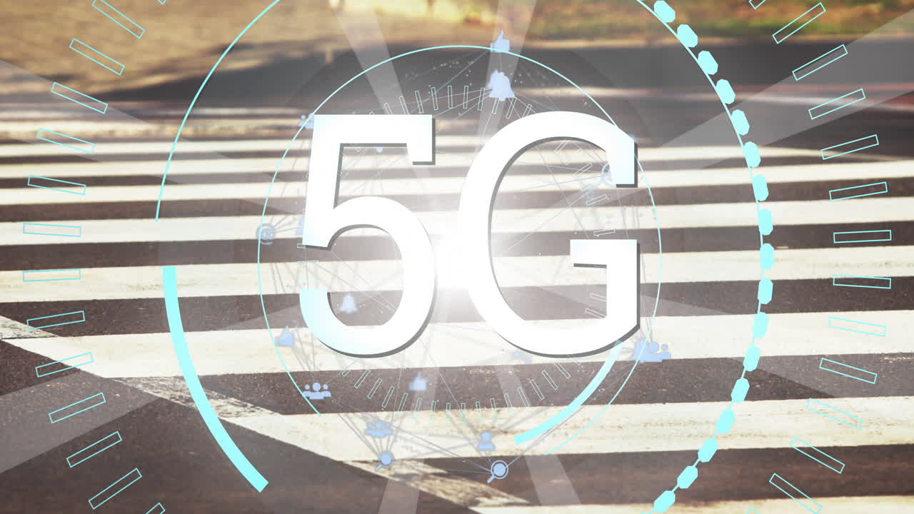 5G technology animation over city crosswalk background