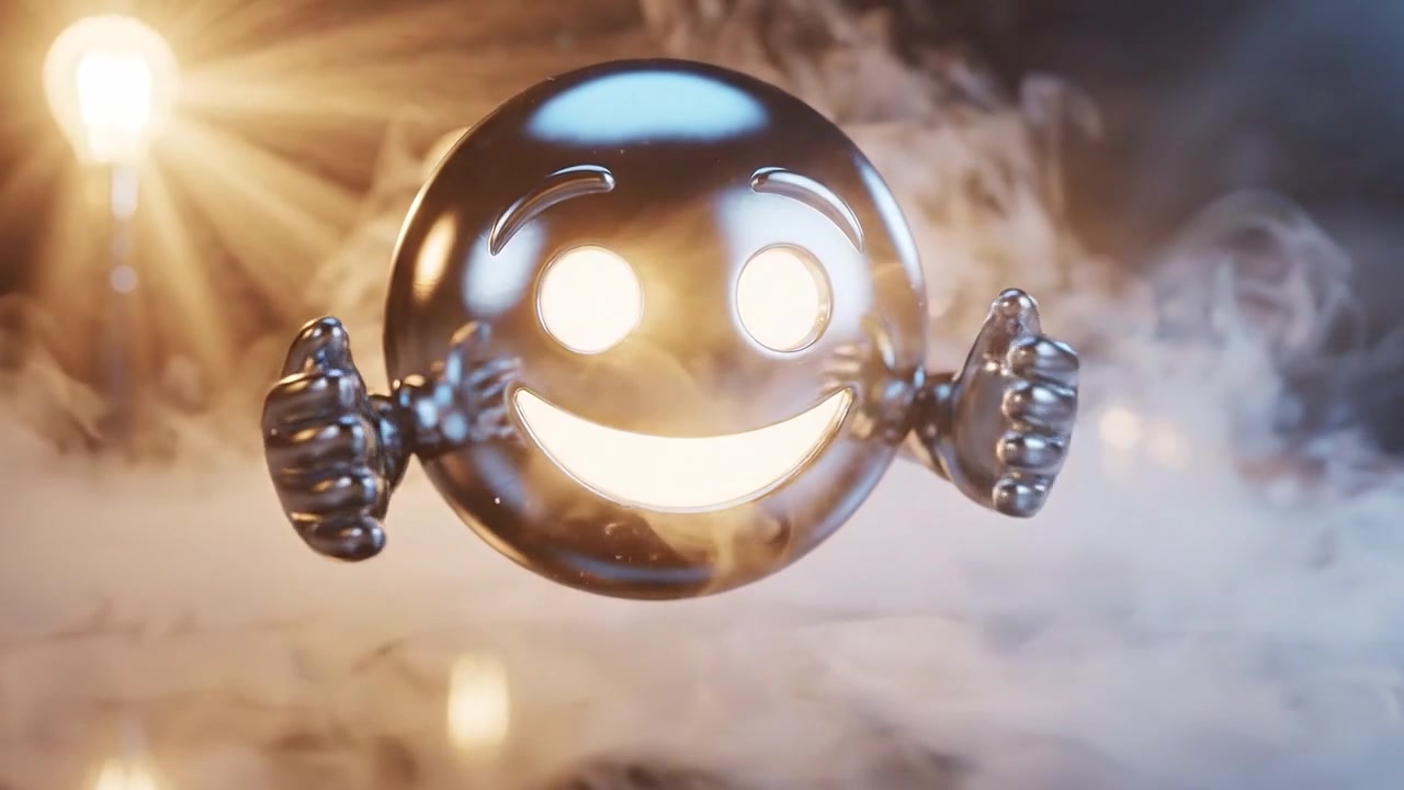 Un personaggio emoji lucido e riflettente che si copre giocosamente gli occhi, circondato da luci soffuse e brillanti e nebbia vorticante, evocando un senso di mistero e sorpresa.