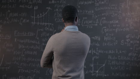 student contemplating math equations on a chalkboard