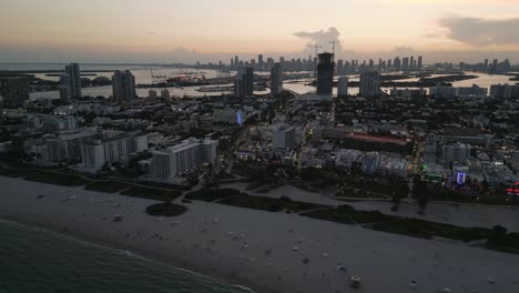 Miami-aerial-drone-skyline-of-South-beach-ocean-drive-avenue-road-at-sunset