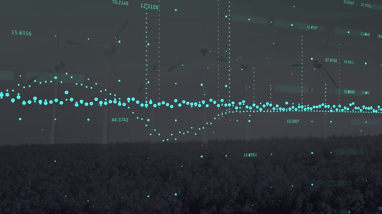 Animation of financial data processing over wind turbines