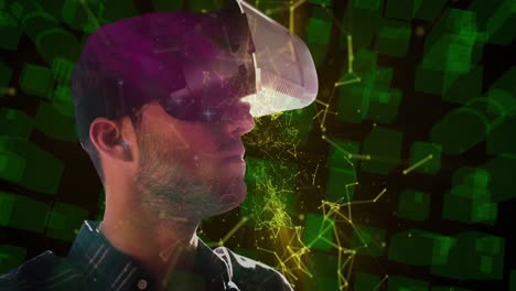 network of connections over man using vr headset against cityscape