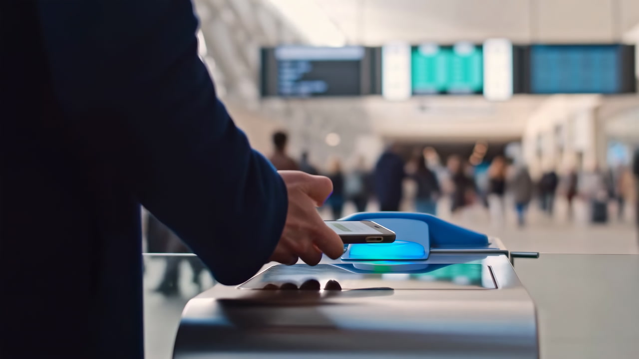 Commuter Tapping Smartphone At Turnstile In Busy Station, Blue Scanner Light Glowing On Stainless Steel Gate,
