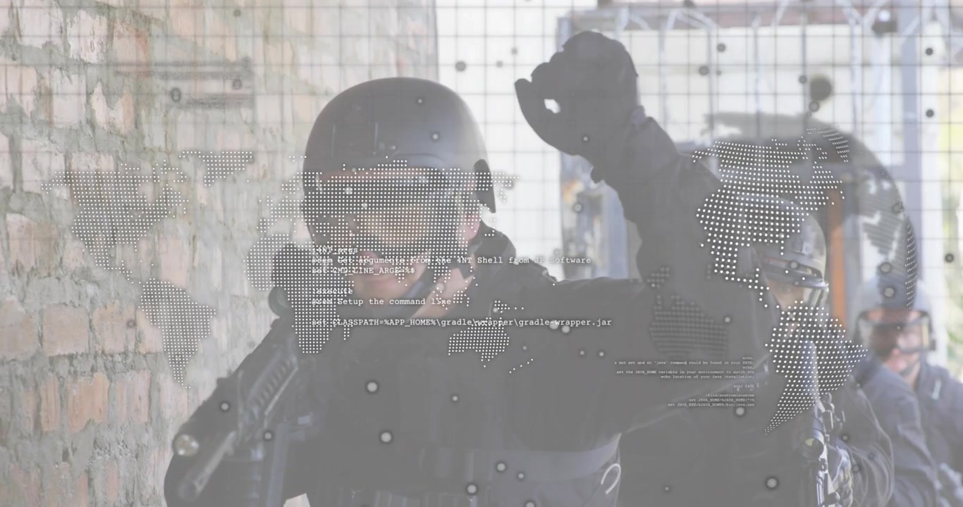 Lead operator raising rifle and signaling halt, guiding security team clearing building corridor