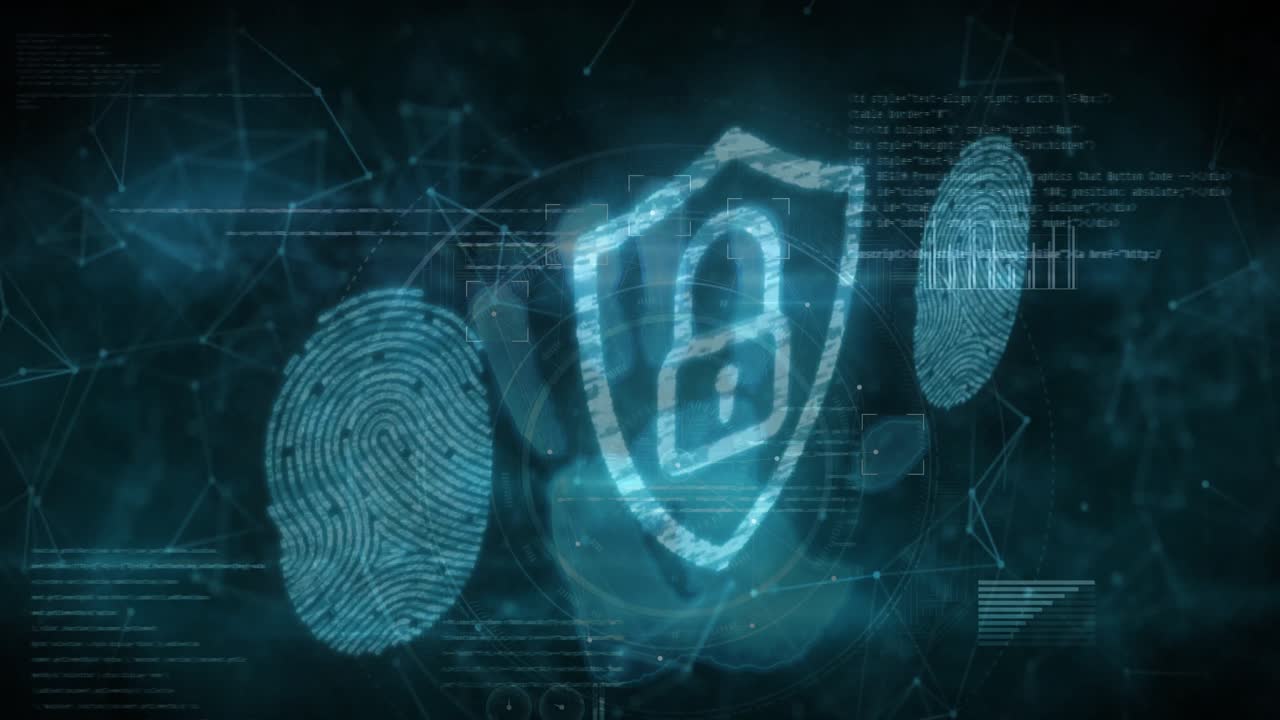 lucchetto di sicurezza e scanner di impronte digitali biometrico contro la rete di connessione su sfondo nero