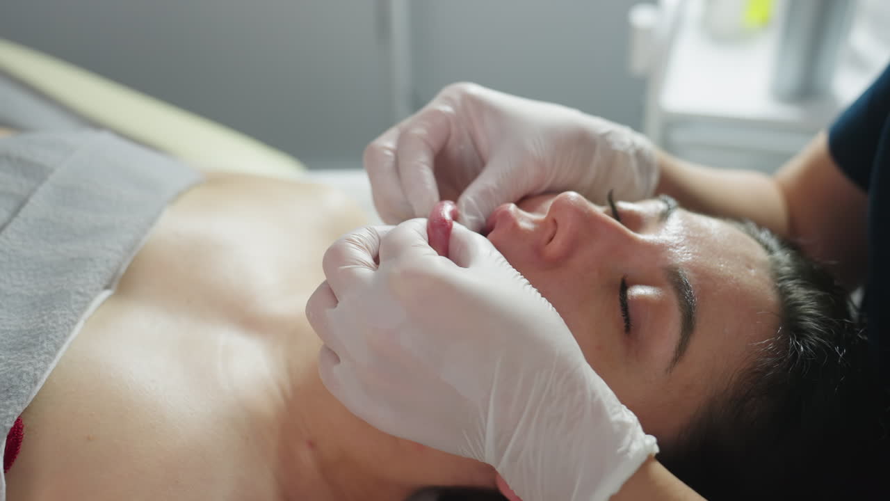 Lower lips of Female Visitor Gently Pressed And Smoothed By Skin Therapist Wearing Clinical Gloves During Facial Massage Session Under Bright Lamp Conveying Calm Care And Precision Touch