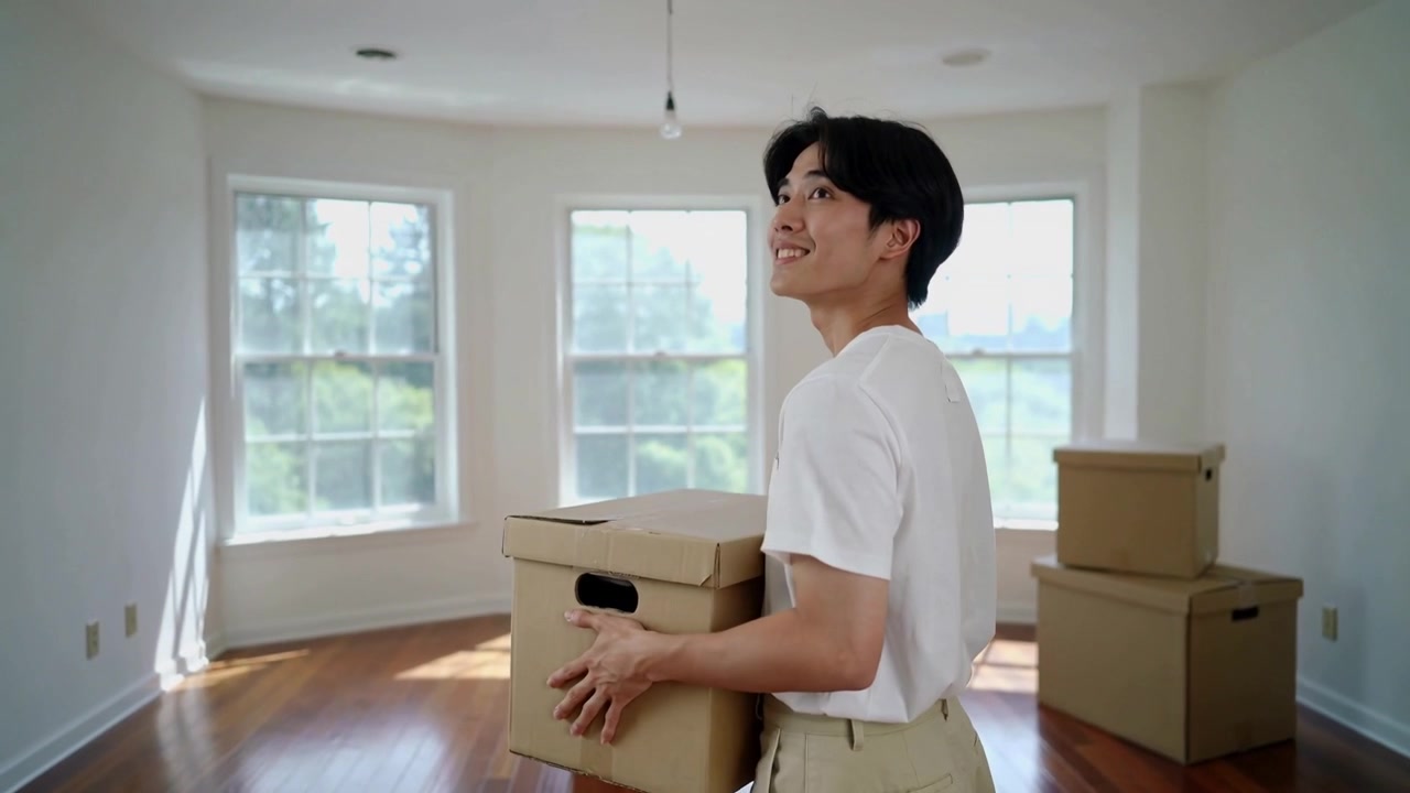 Carrying cardboard box, Asian man entering room during move in, wearing white tee, surveying boxes