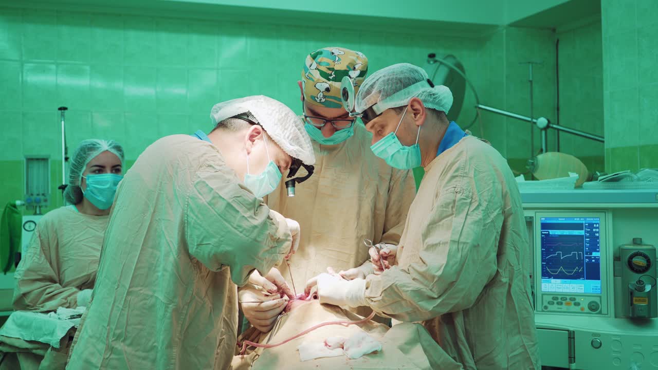 Three professional surgeons men and assistant woman are making an operation in clinic. Team of doctors perfom the operation on a patient in the hospital operating room.