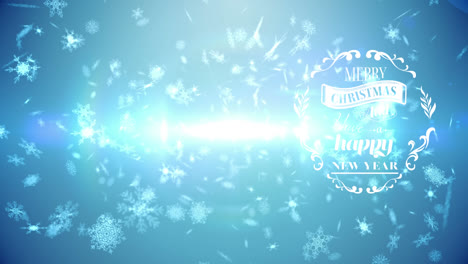 animation of christmas greetings and snow falling over blue background