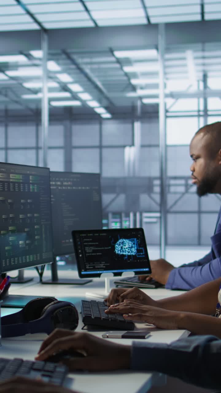 Vertical video Portrait of happy server room worker developing disaster recovery plans