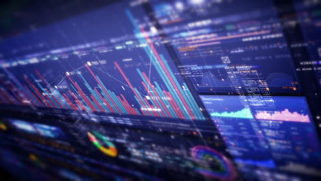 business stock market, trading, info graphic with animated graphs, charts and data numbers insight analysis to be shown on monitor display screen for business meeting mock up theme