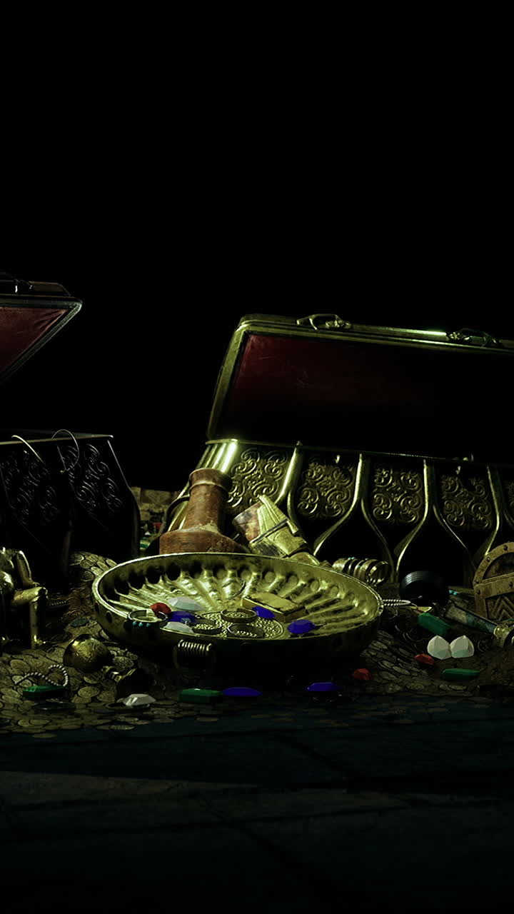 Hidden treasures reveal ancient riches in a dark underground chamber