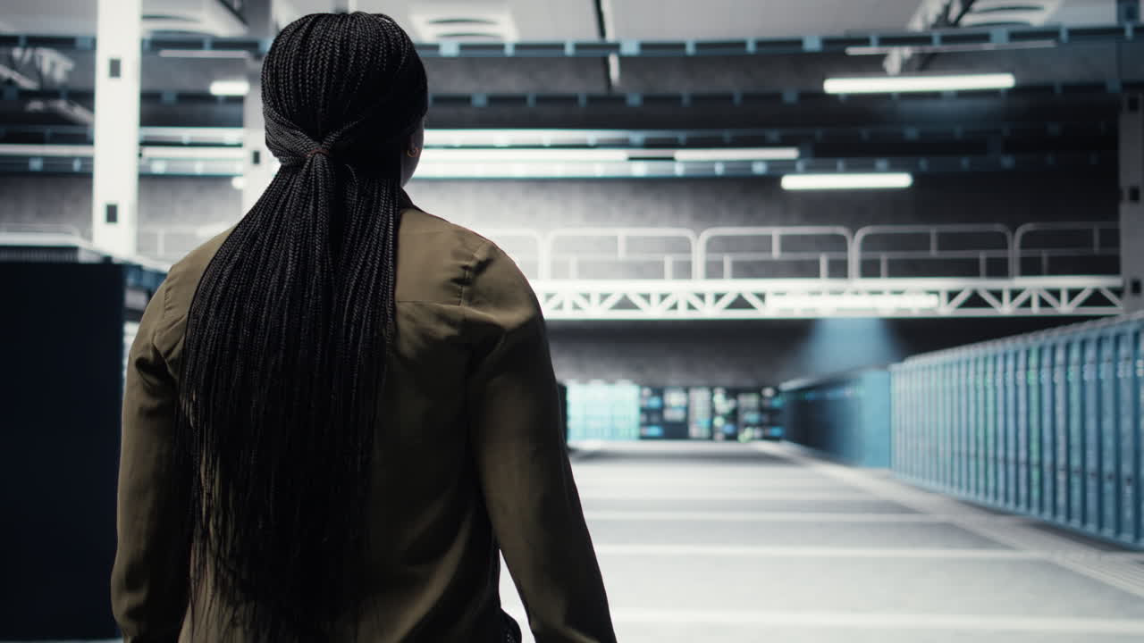 Woman walking through data center server rows, checking equipment