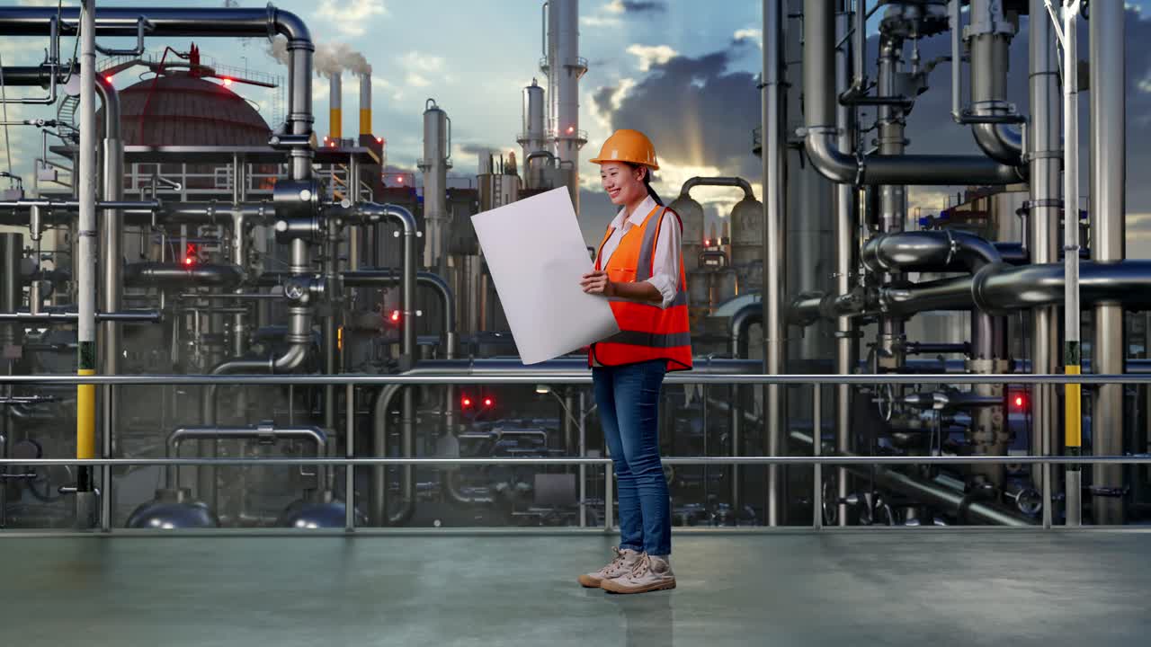 Full Body Side View Of Asian Female Engineer With Safety Helmet Looking At Blueprint In Her Hands And Looking Around While Standing In a Refinery, Oil Processing Equipment And Machinery
