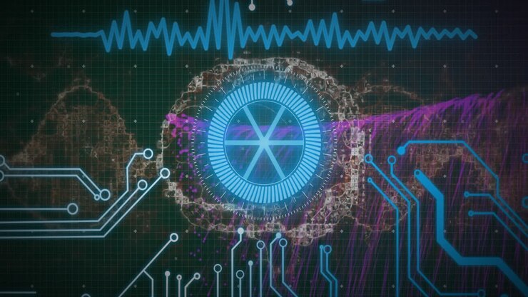 Animation of digital data processing over dna strand and computer circuit board