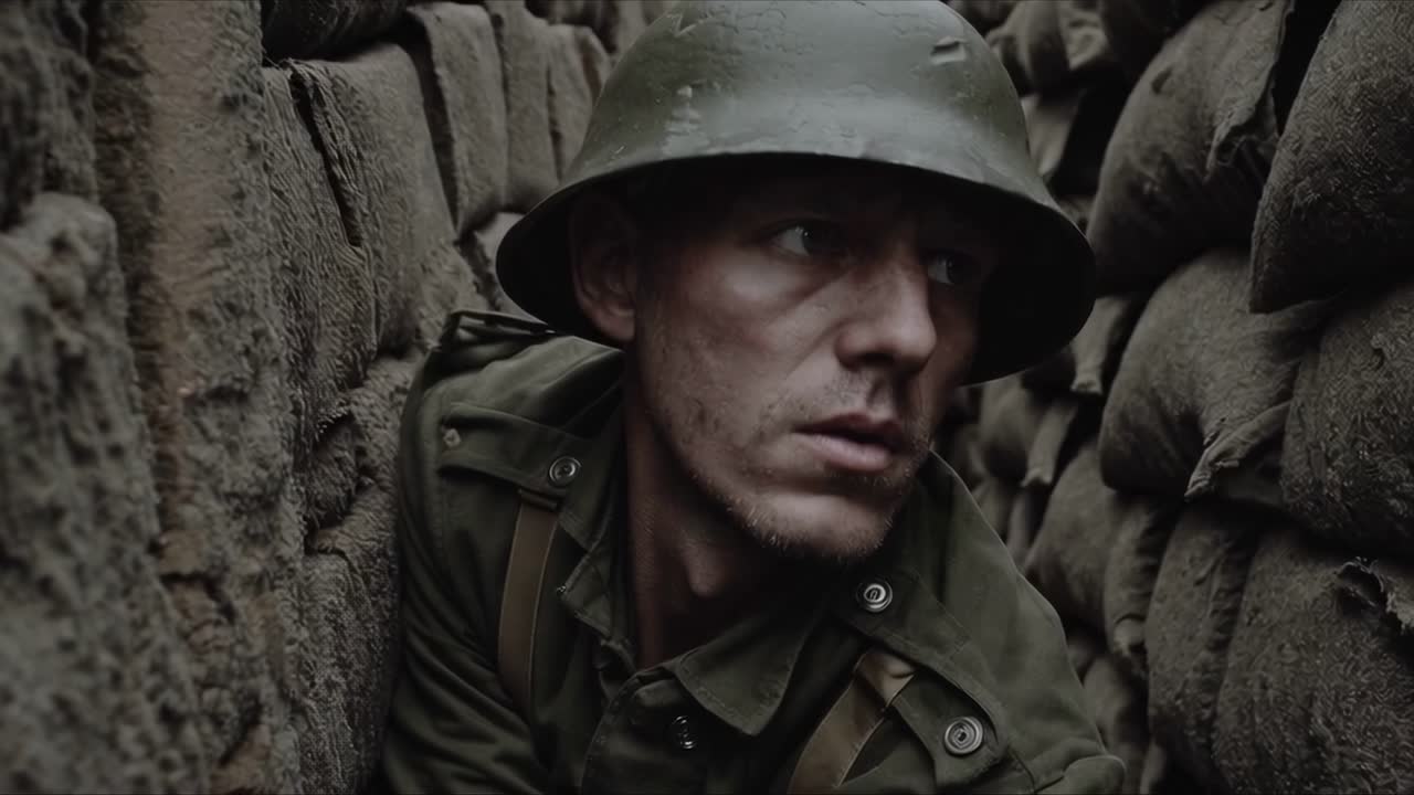 A soldier in a trench looks alert in a dramatic war video scene