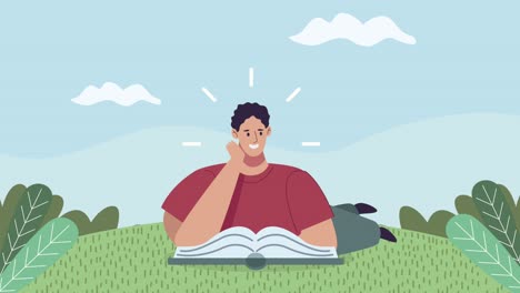joven estudiante leyendo un libro de texto en el campamento