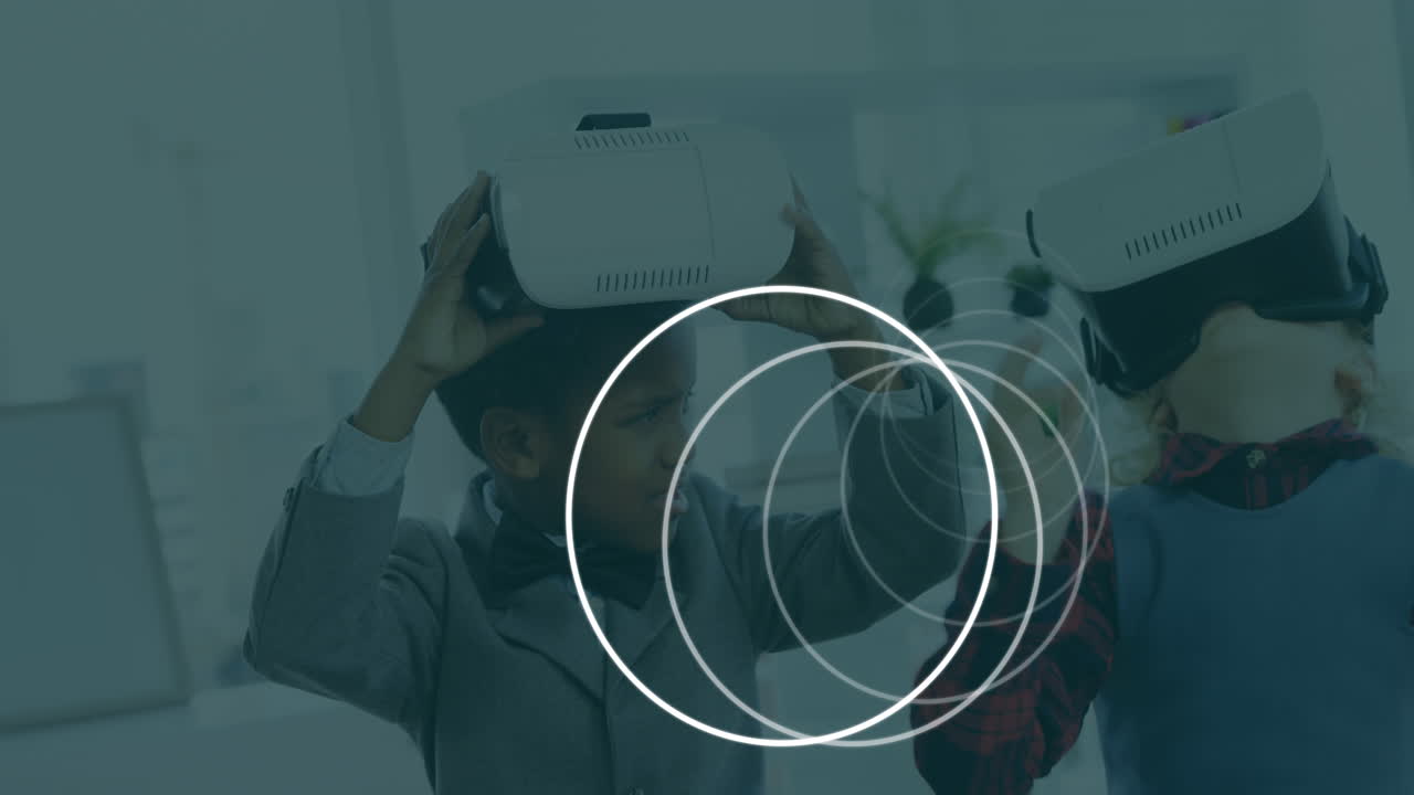 animación de visores escaneando sobre niños que llevan auriculares vr