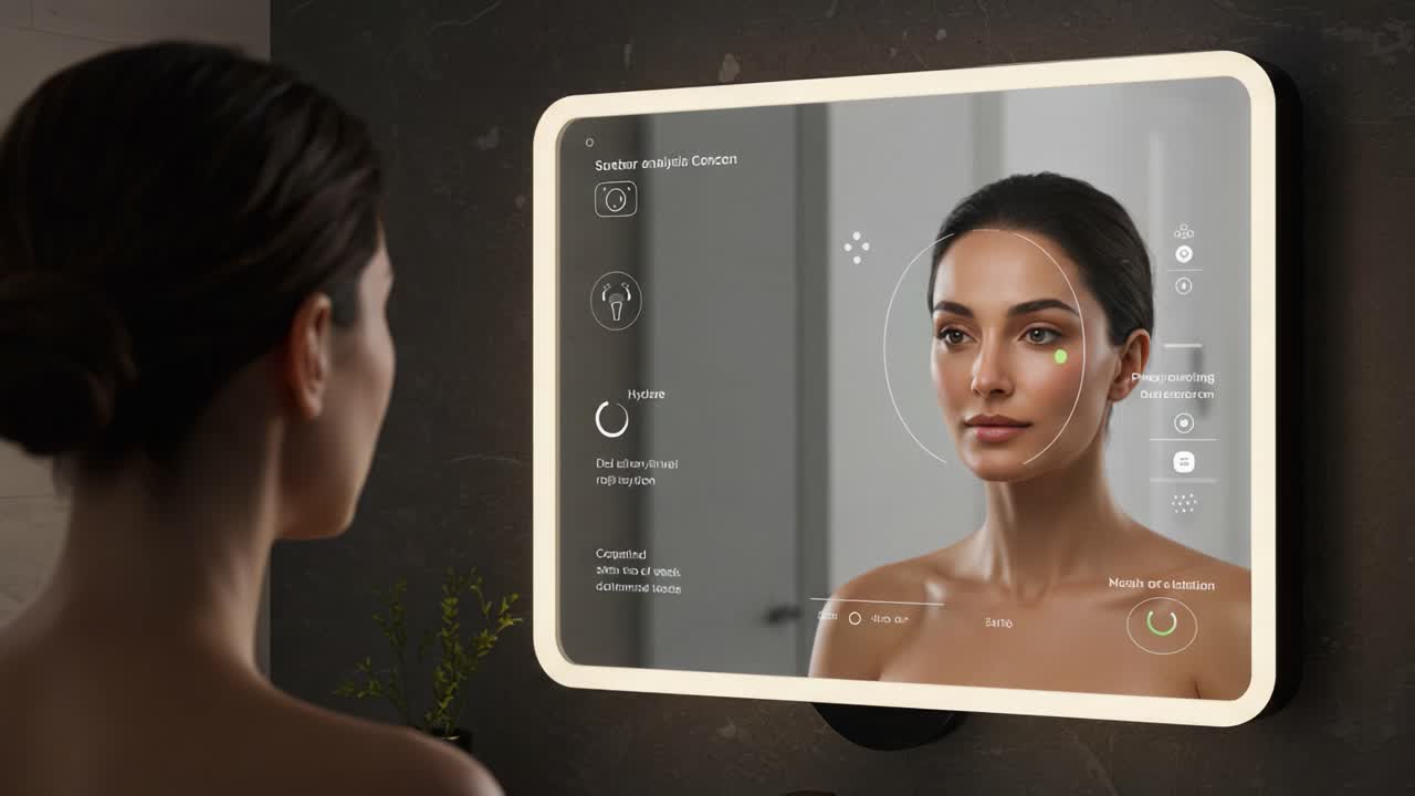 A Woman Engages with an Innovative Smart Mirror, Focusing on Personal Skincare Analysis and Beauty Insights for a Flawless Routine