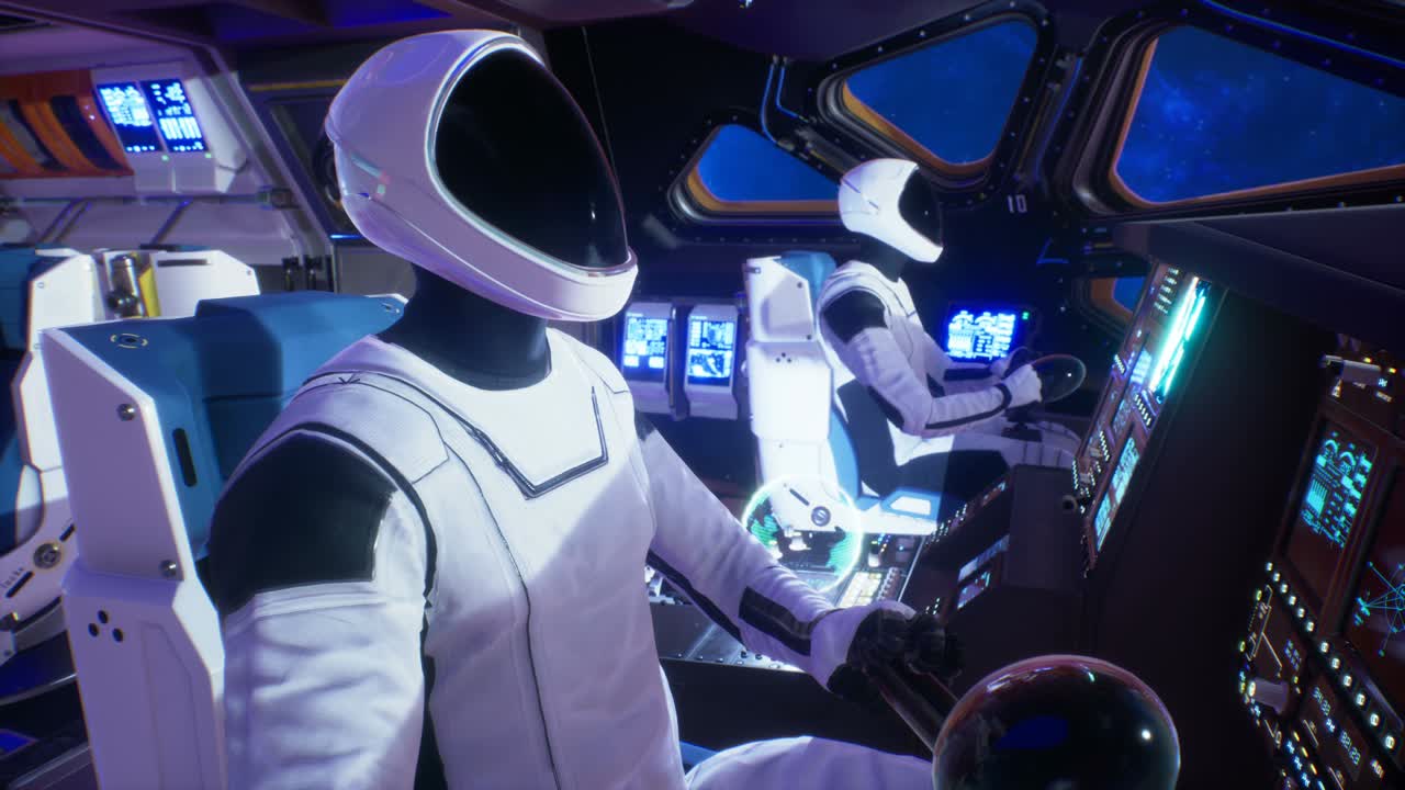 우주선에 탑승한 우주비행사는 우주 깊은 곳에서 별자리와 성운을 날아다니며, 우주 깊은 공간 여행의 개념은 공상과학, 우주 또는 판타지 배경에 이상적인 루프 애니메이션입니다.