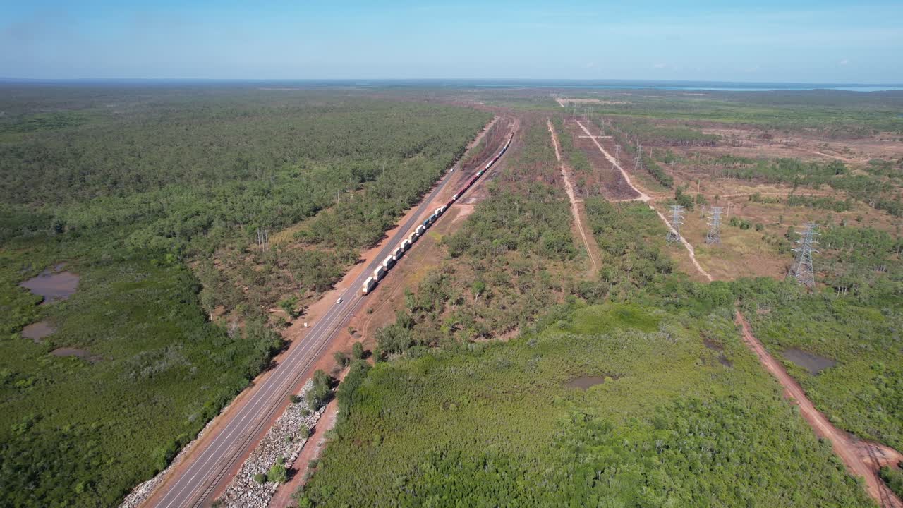 Freight train in desert - Aerial wide shot, moving away from camera.