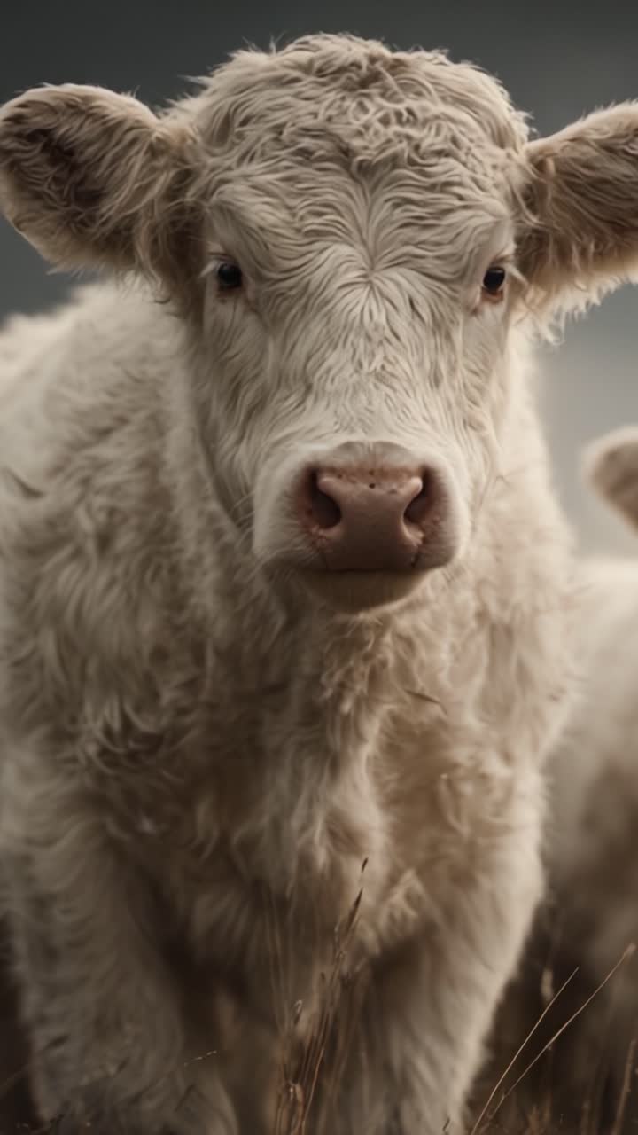 Un primo piano di un vitello bianco in un pascolo, che mostra il pelo morbido e l'espressione innocente con uno splendido sfondo naturale.