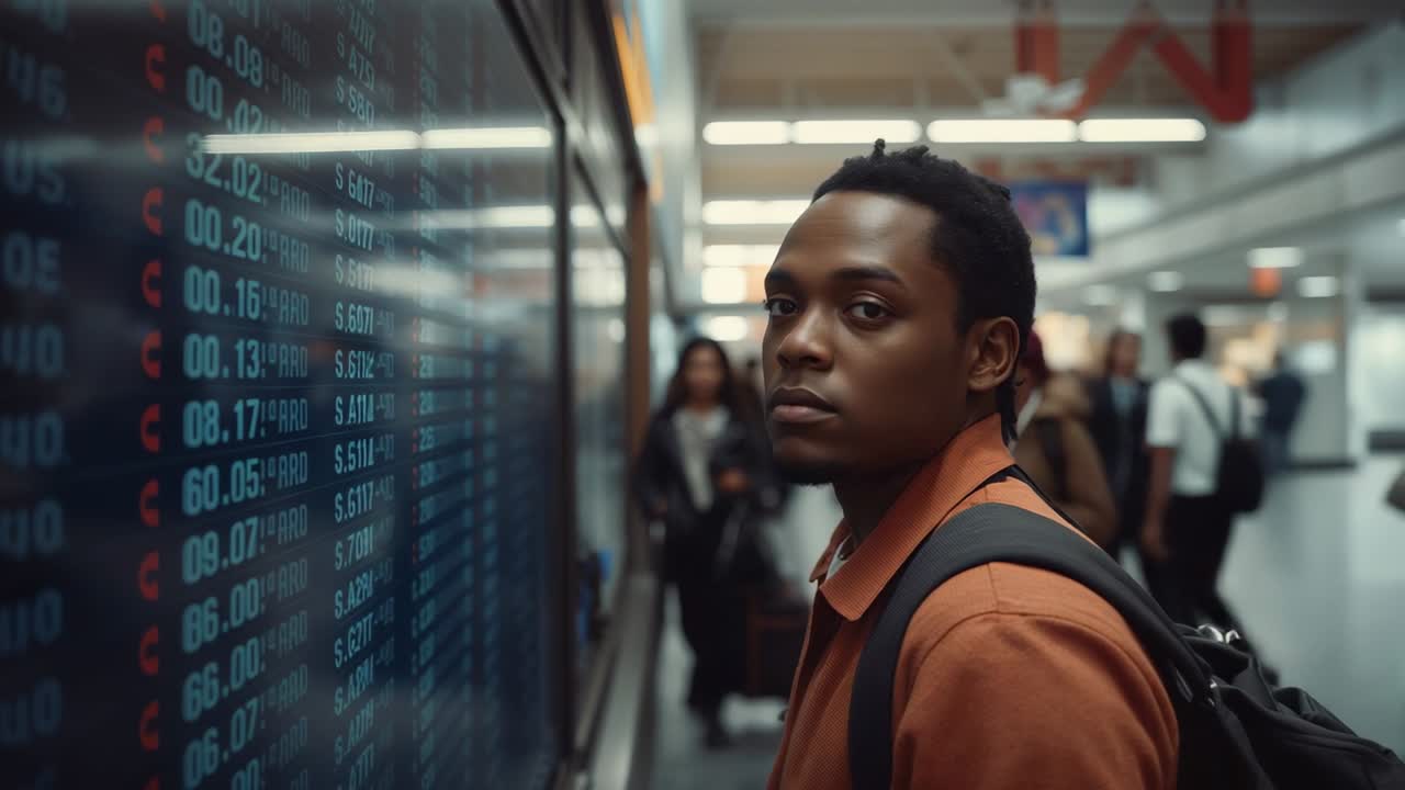 Approaching commuter wearing backpack at train station, reading departure board and locking gaze